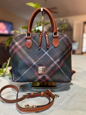Dooney & Bourke Green Blues Burgundy Plaid Leather-Trim Satchel detachable strap